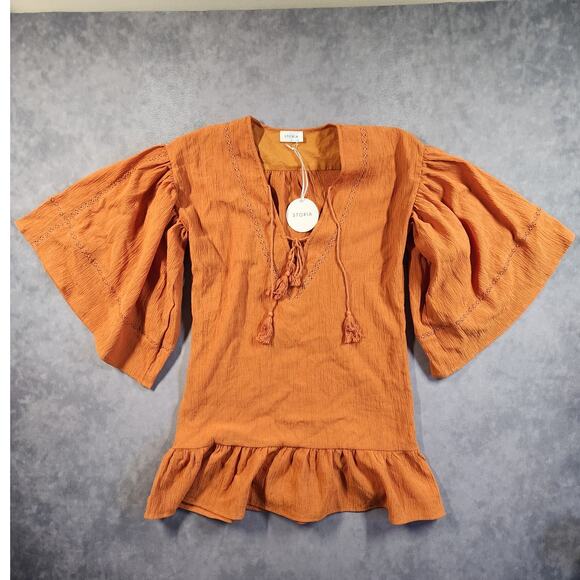 Storia Peasant Shift Dress Size Small Burnt Orange Tunic Shift Bell Sleeve New - Picture 2 of 12